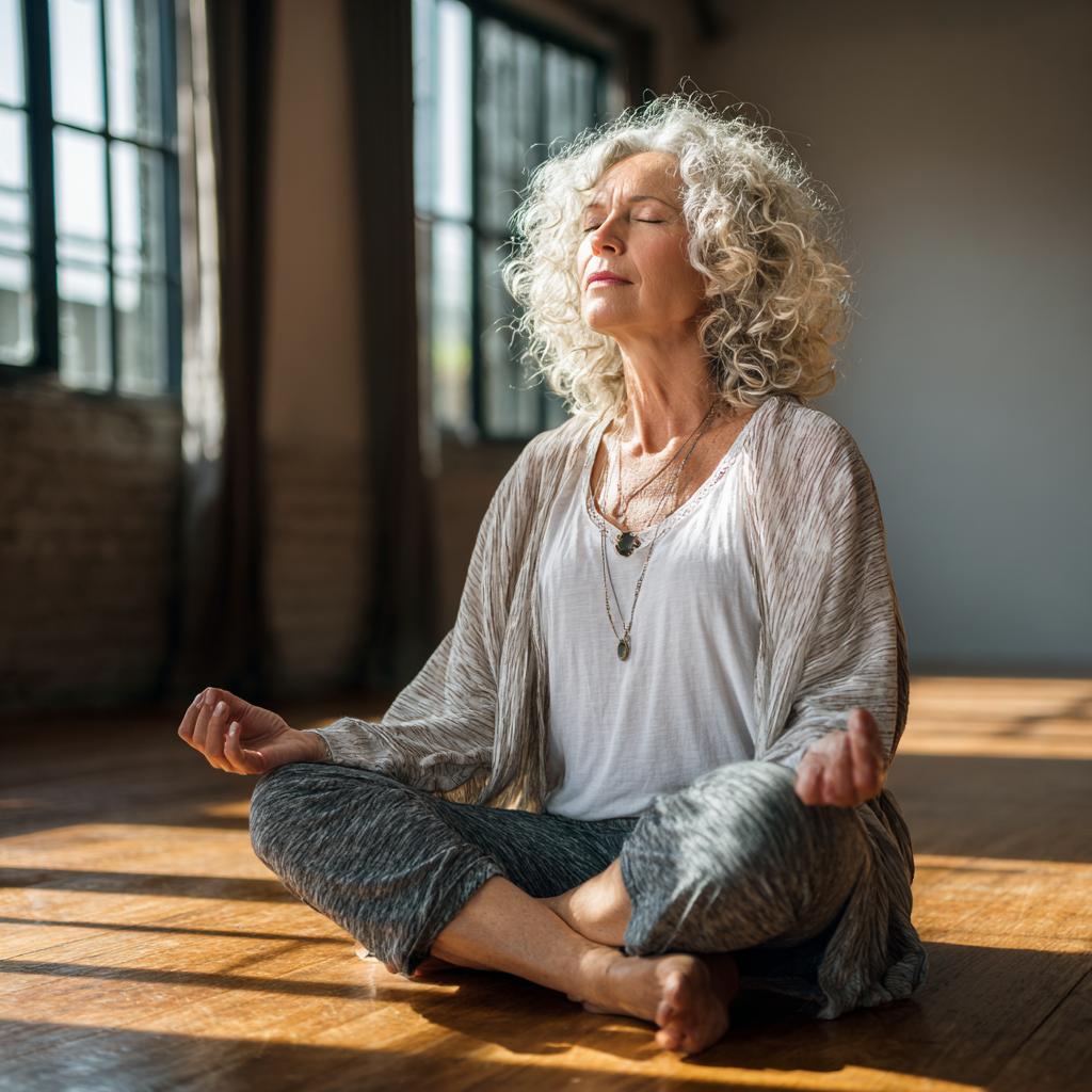 Mature woman practicing mindful yoga poses in peaceful studio environment
