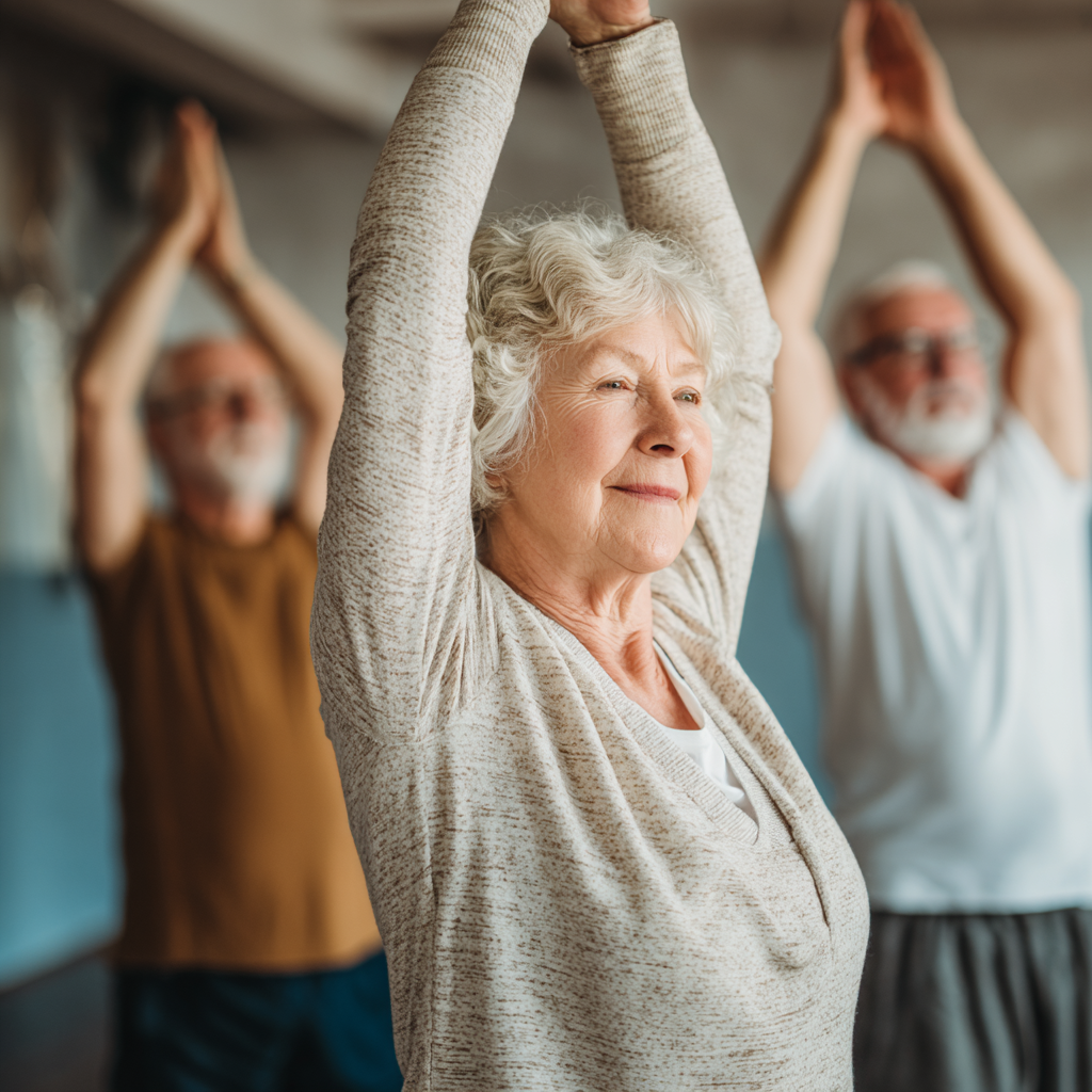 Senior adults participating in gentle yoga session with instructor guidance
